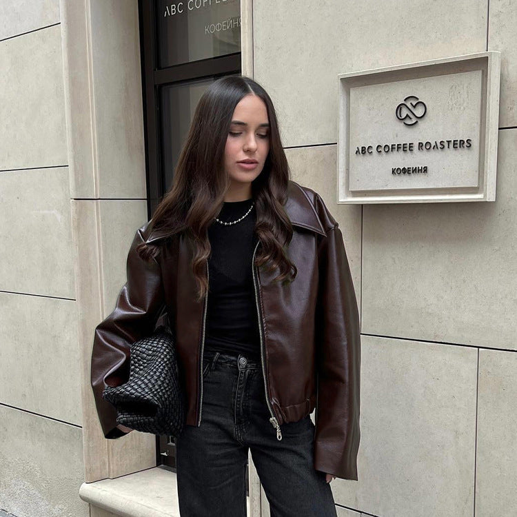 Women's Motorcycle Leather Fashion High Sense Loose-fitting Jackets