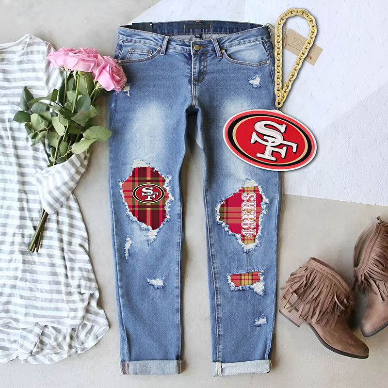 Women's Quality Fashion Winter Printing Ripped Mid Jeans