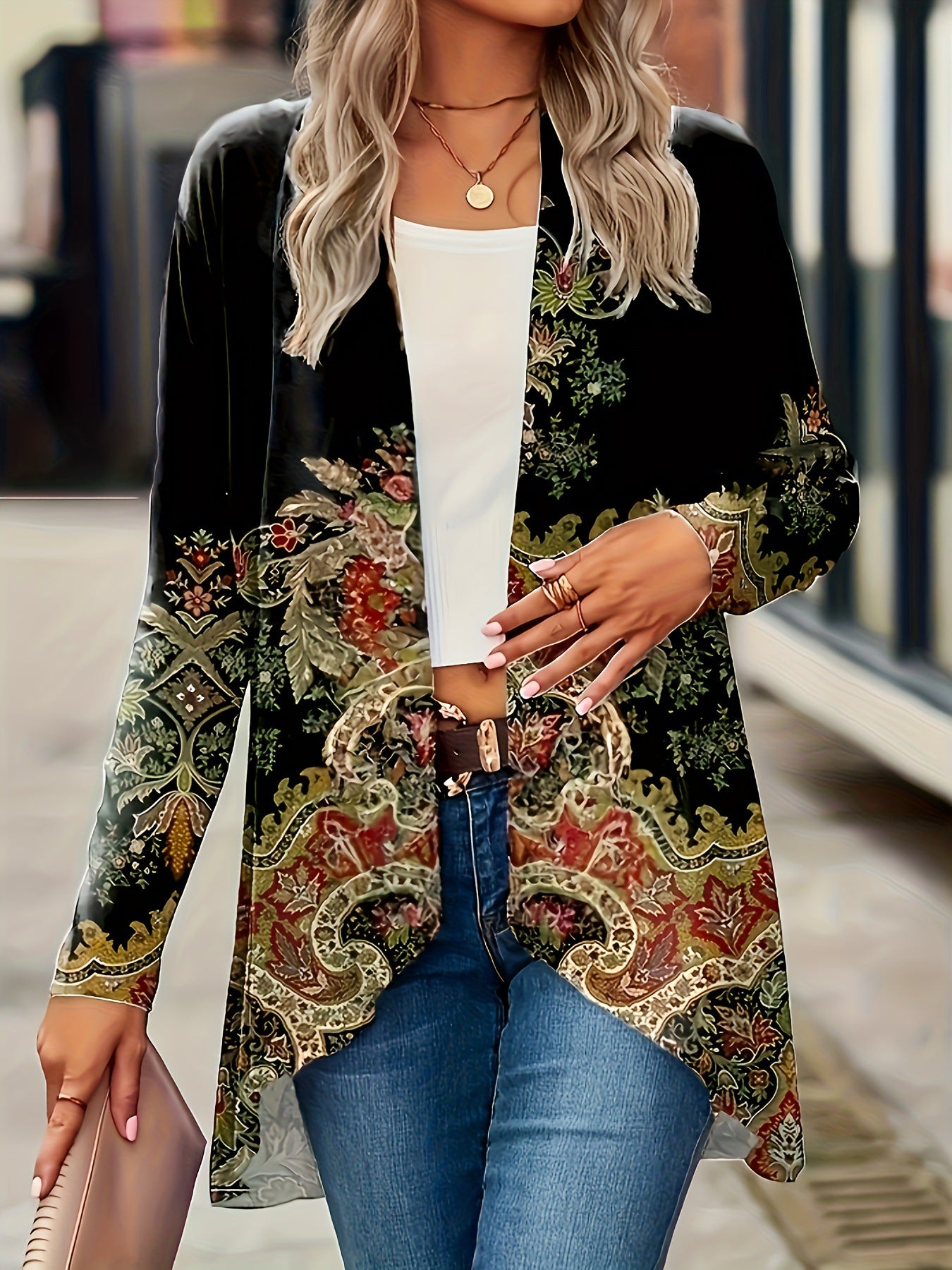 Women's Autumn Long Sleeve Plant Flower Print Cloak Cardigans