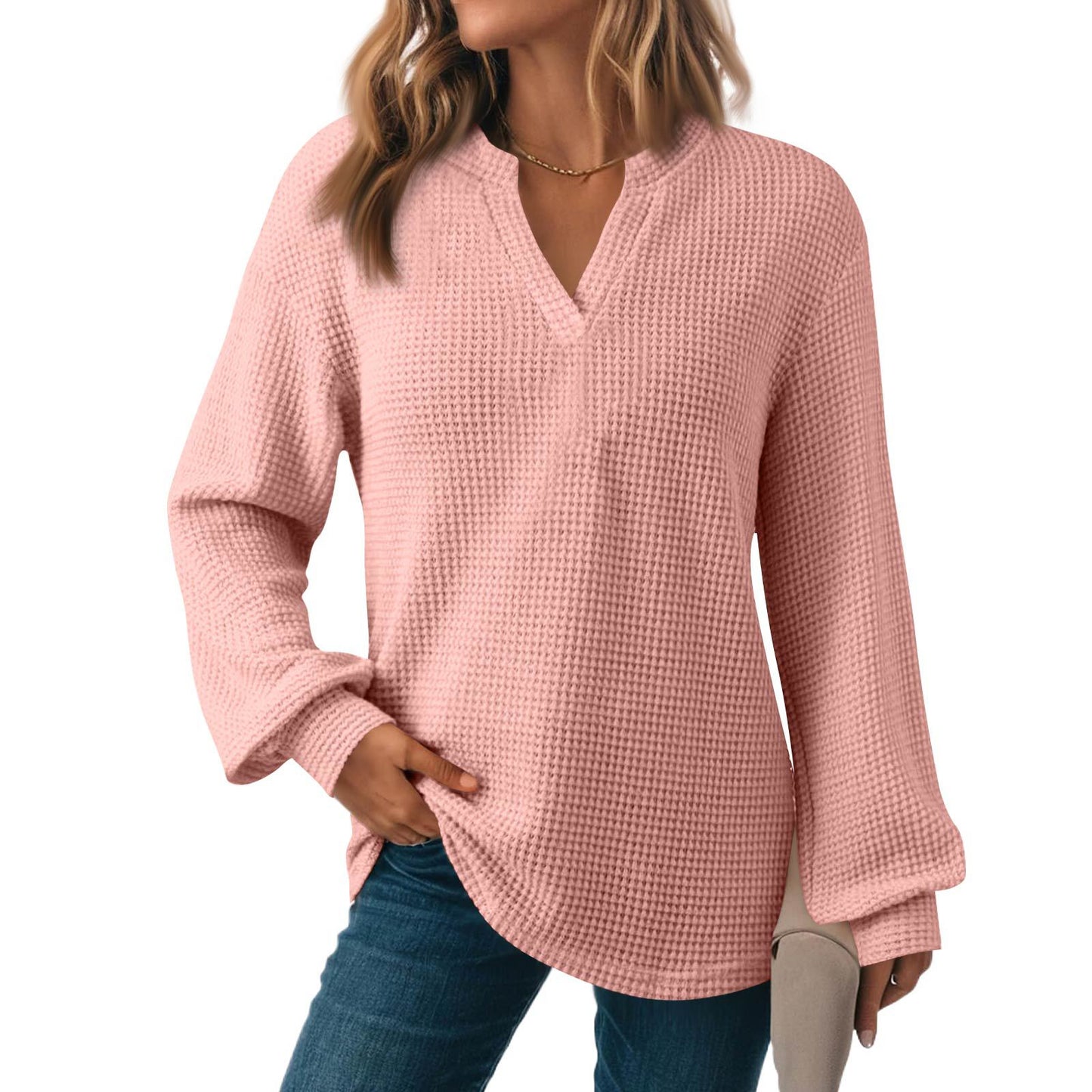 Women's Solid Color Waffle Loose Long Sleeve Women's Sweater, Sweater