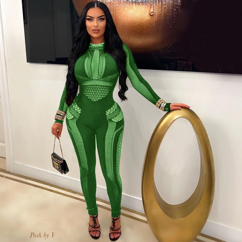 Women's Autumn Nylon One-piece Knitted Hollow Slim Women's Jumpsuit/clothing