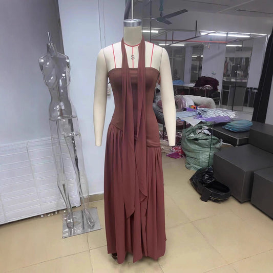 Elegant Contrast Color Tight Zipper Irregular Slit Dresses