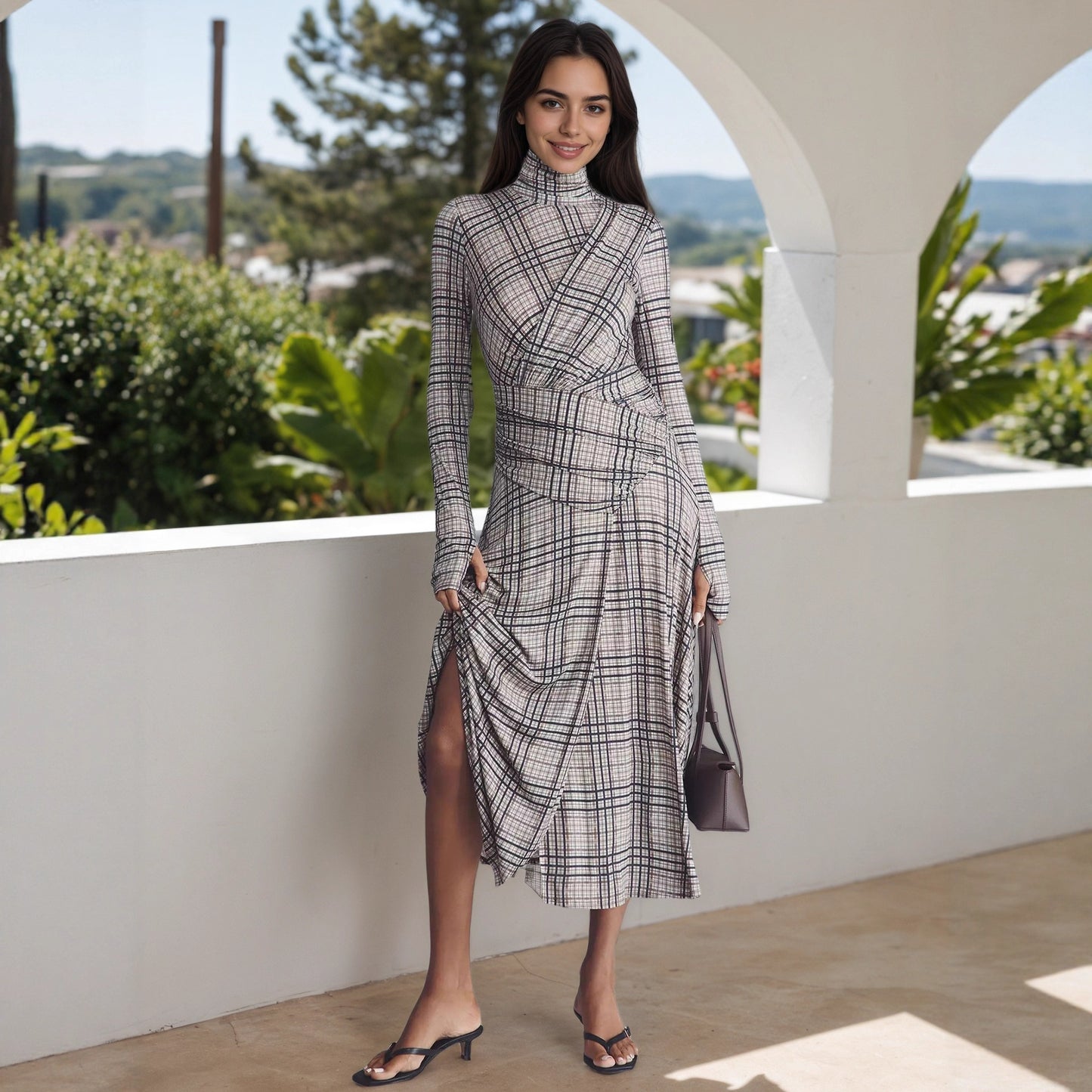 Women's Elegant Stand Collar Long Sleeve Plaid Dresses