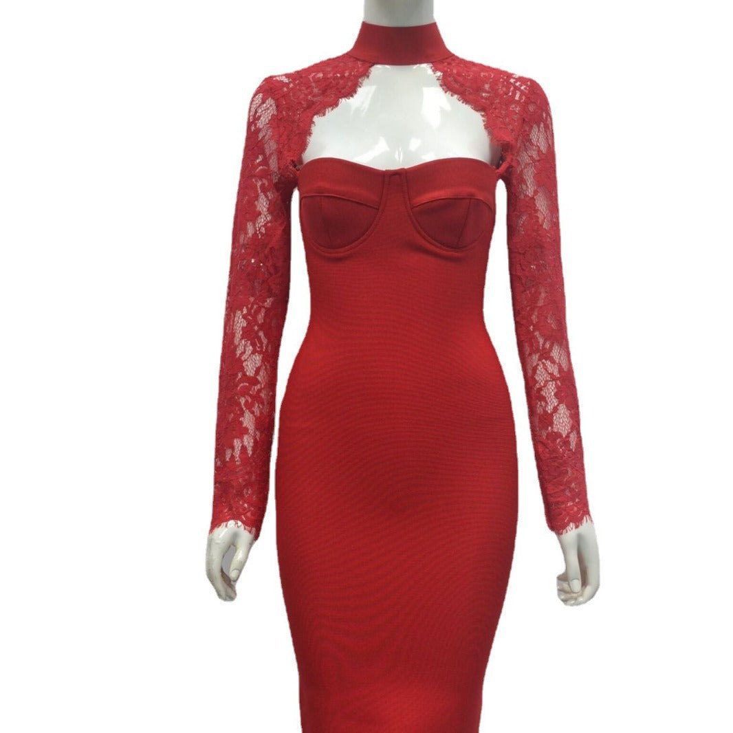 Classic Elegant Lace Sleeve Hanging Collar Dress