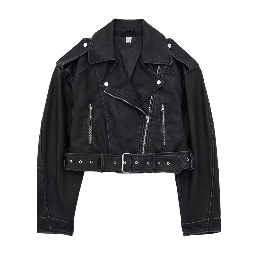 Women's Oblique Zipper Belt Lapel Leather Jackets