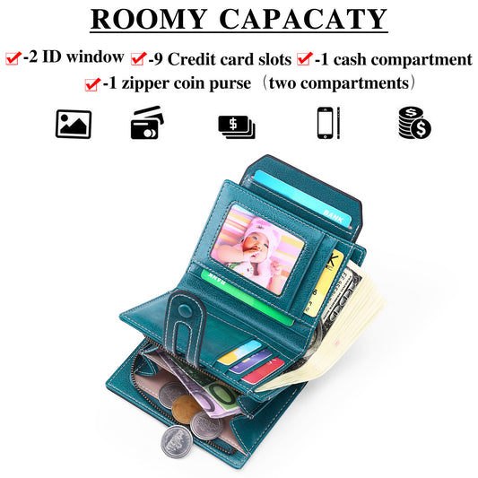 Women's Short Vintage Oil Wax Cowhide Large Ladies Wallets