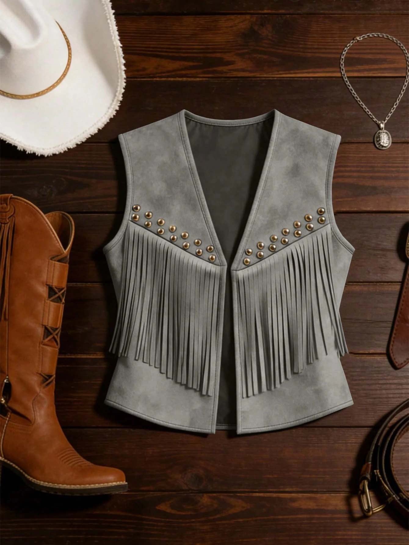 Women's Retro Country American Style Western Rivet Tassel Suede Sleeveless Vests