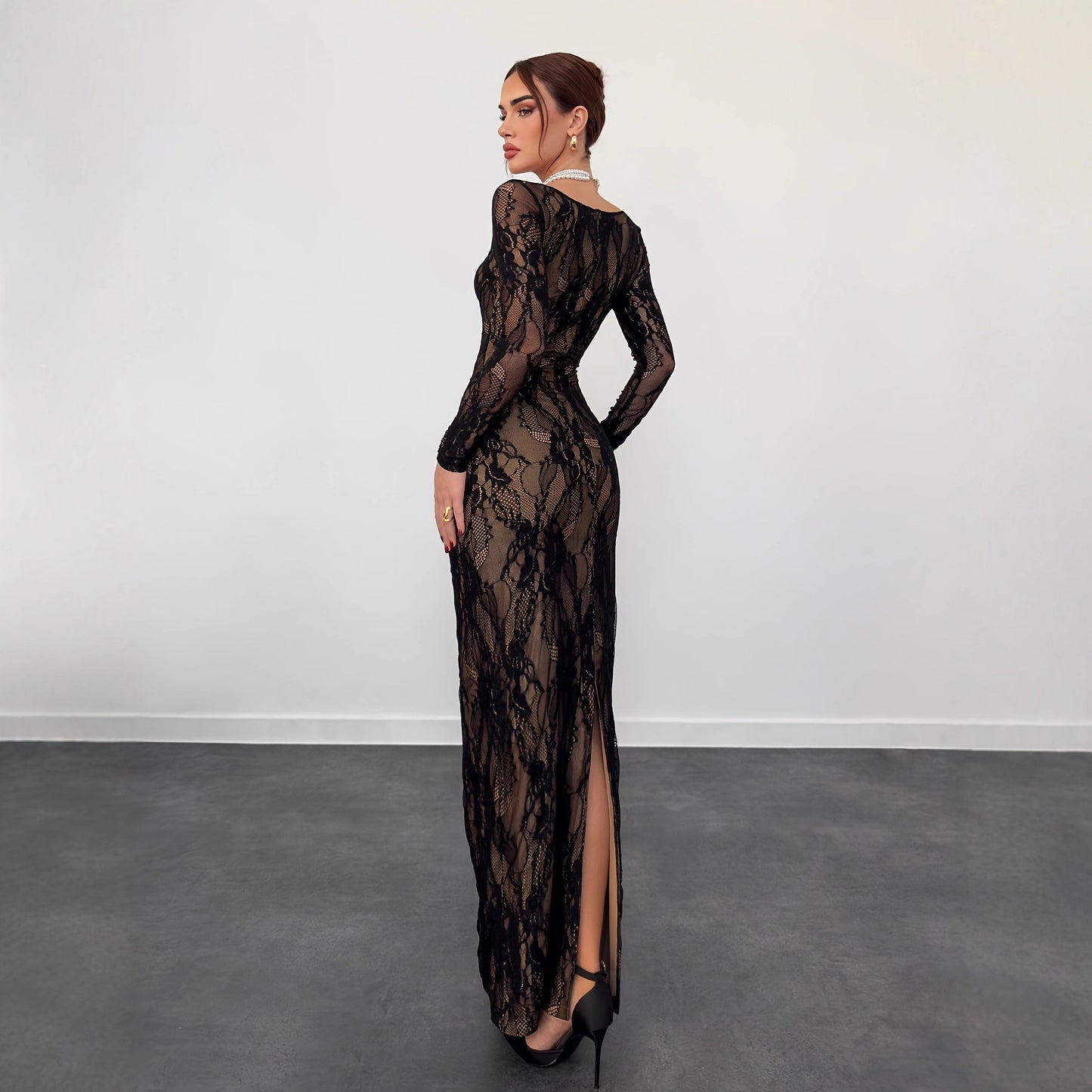 Women's Lace Stitching Back Zipper Slim Fit Slit Dresses