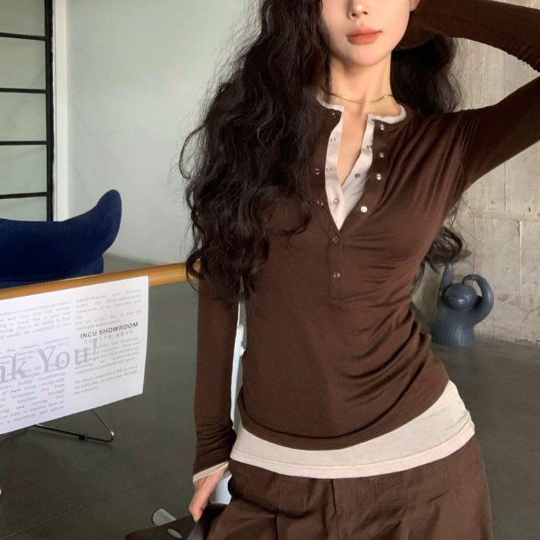 Women's Slim Fit Fake Two-piece Long Sleeve T-shirt Blouses