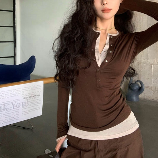 Women's Slim Fit Fake Two-piece Long Sleeve T-shirt Blouses