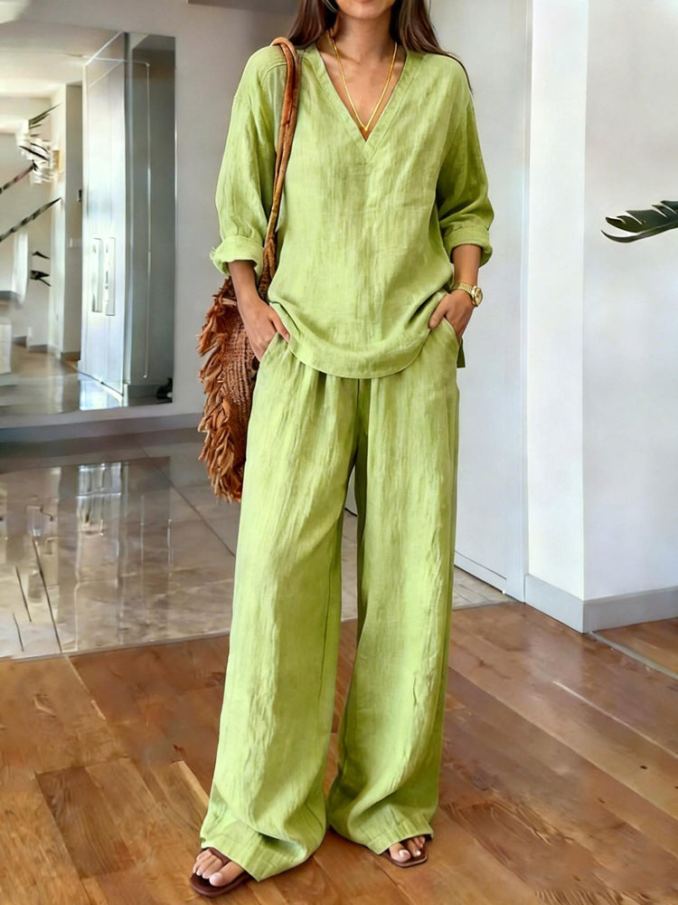 Women's Pullover Long Sleeve Washed Cotton Summer Fashion Casual Suit