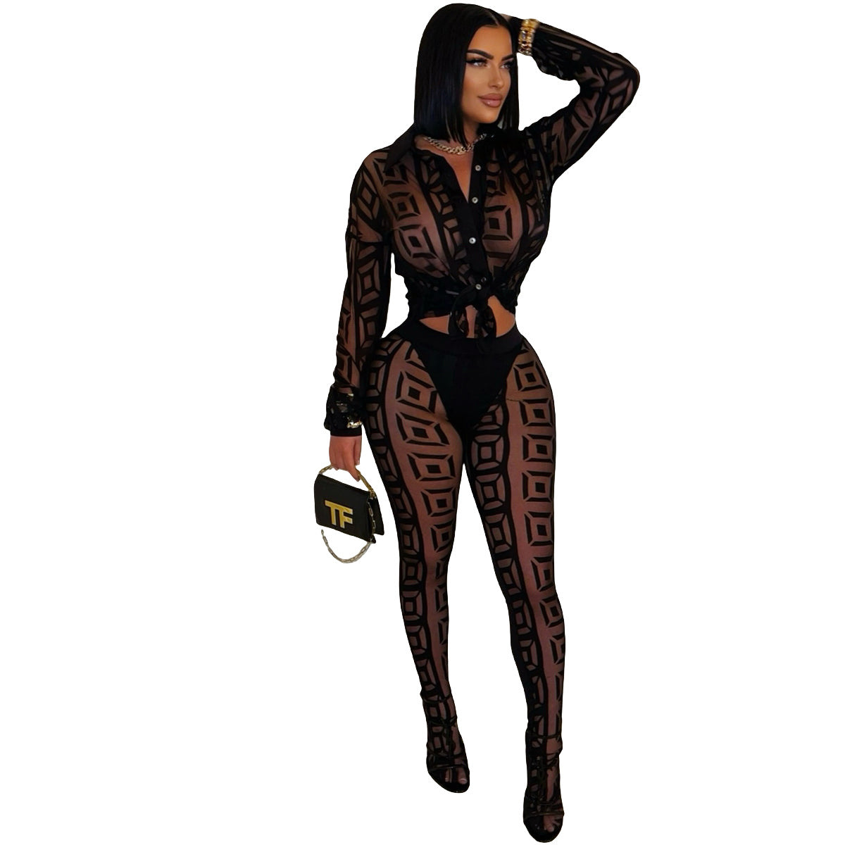 Pretty Graceful Printed Mesh Shirt Trousers Suits