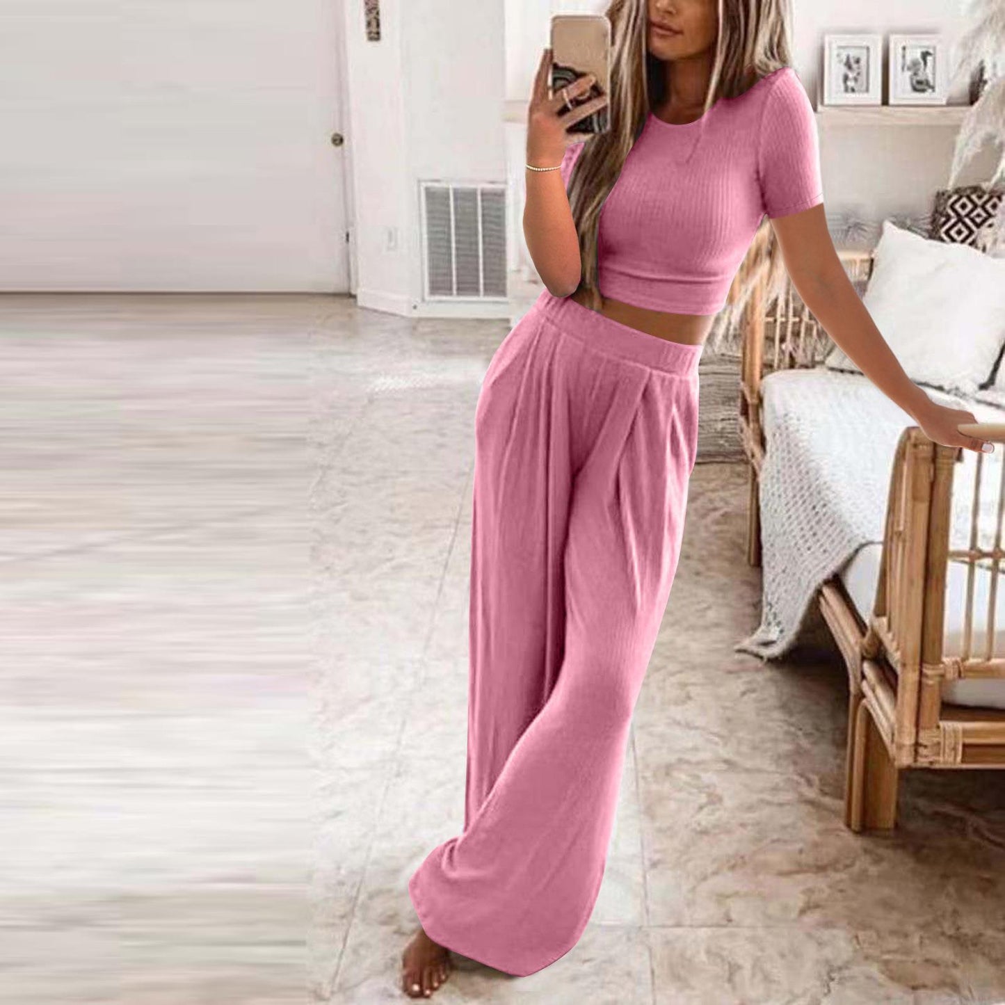 Women's Sleeve Solid Color Knit Home Two-piece Suits