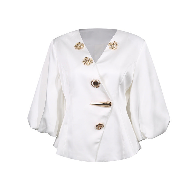 Women's Fresh Sweet Elegant Style Fashionable Metal Button Stitching Puff Blouses