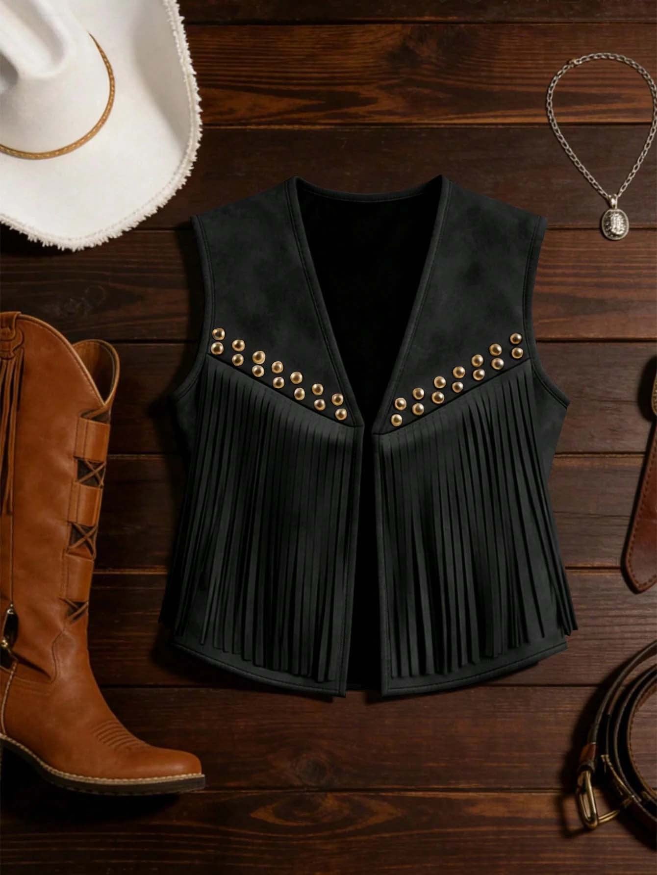 Women's Retro Country American Style Western Rivet Tassel Suede Sleeveless Vests