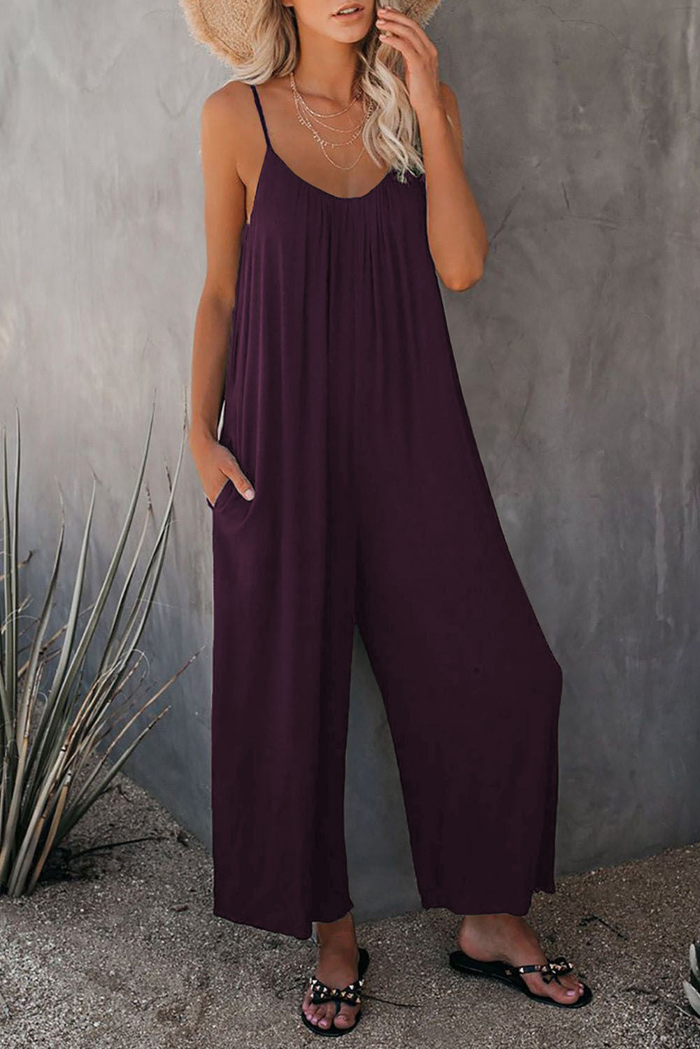Women's Sling Summer Solid Color Pocket Jumpsuits