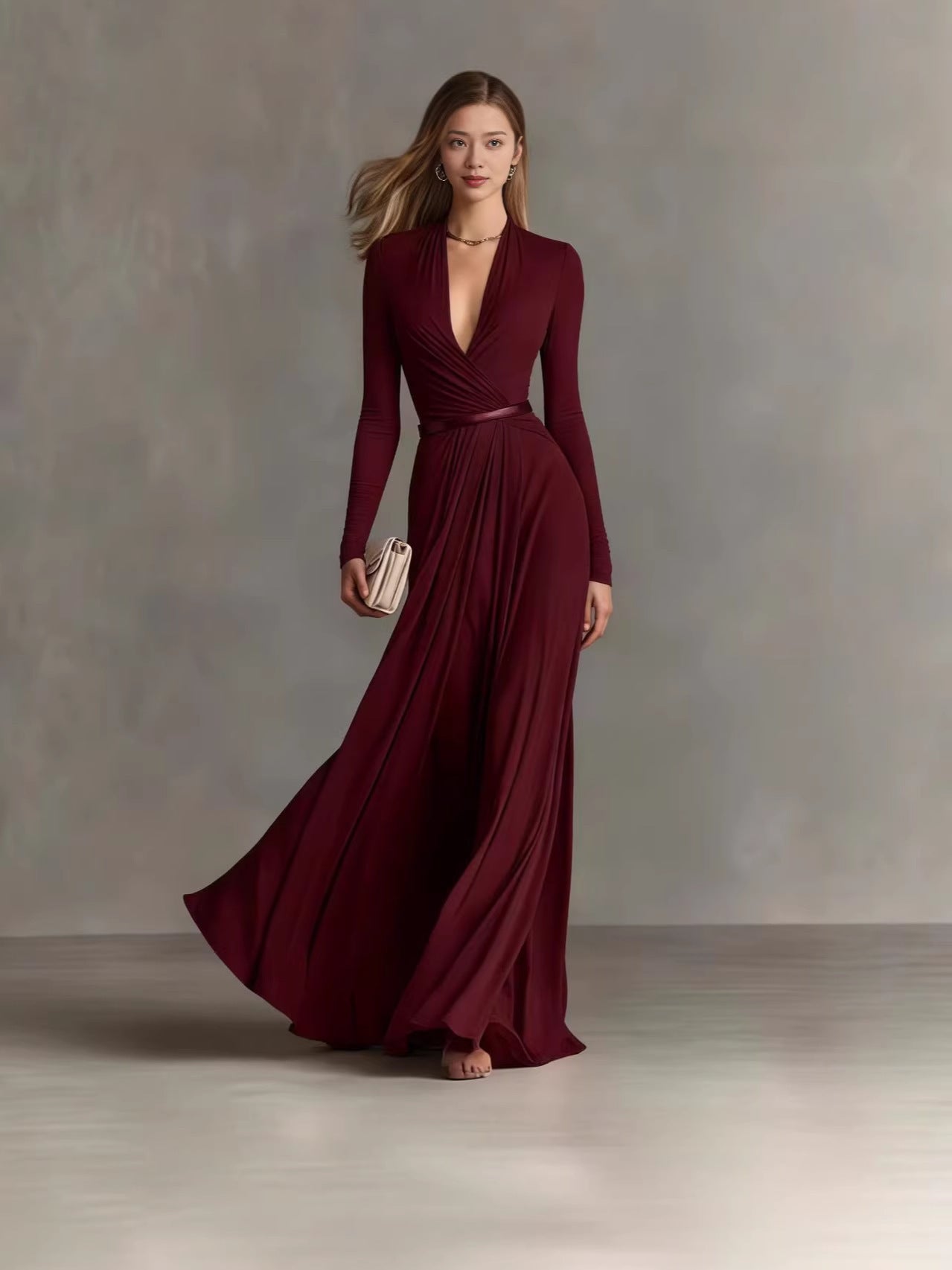 Women's Solid Color Deep V Long Sleeve Dress