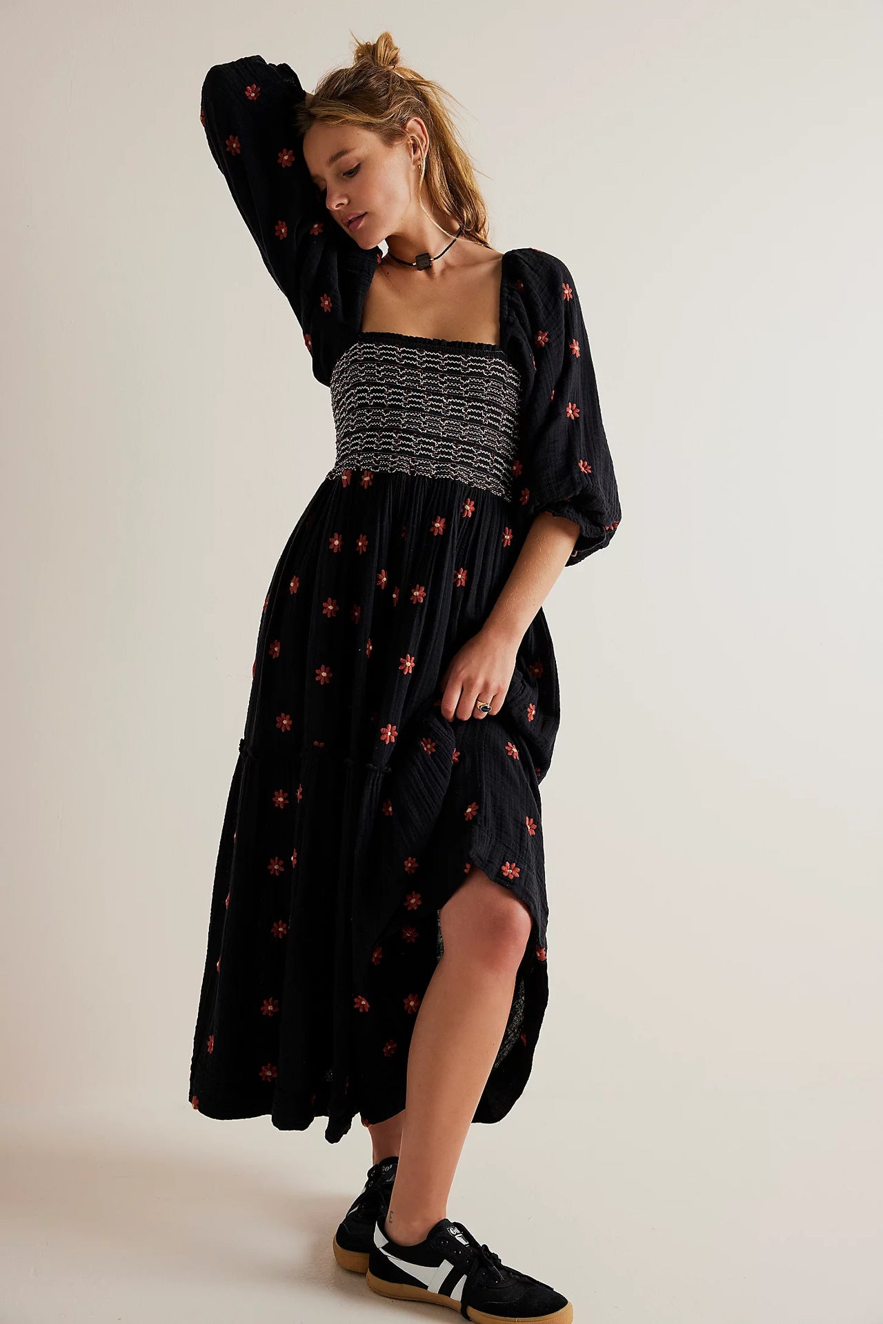 Autumn Casual Bell Sleeve Smocking Embroidered Square Dresses