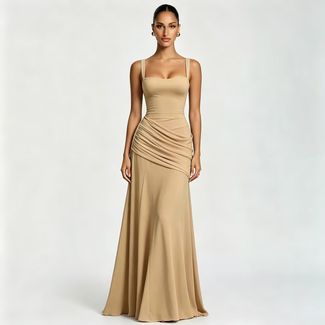 Women's Sexy Solid Color Pleated Low-cut Backless Dress