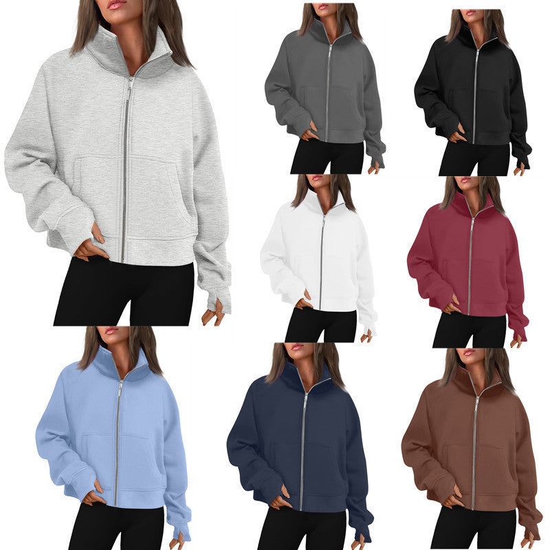 Women's Long Zipper Stand Collar Thumb Hole Brushed Women's Sweater, Sweater