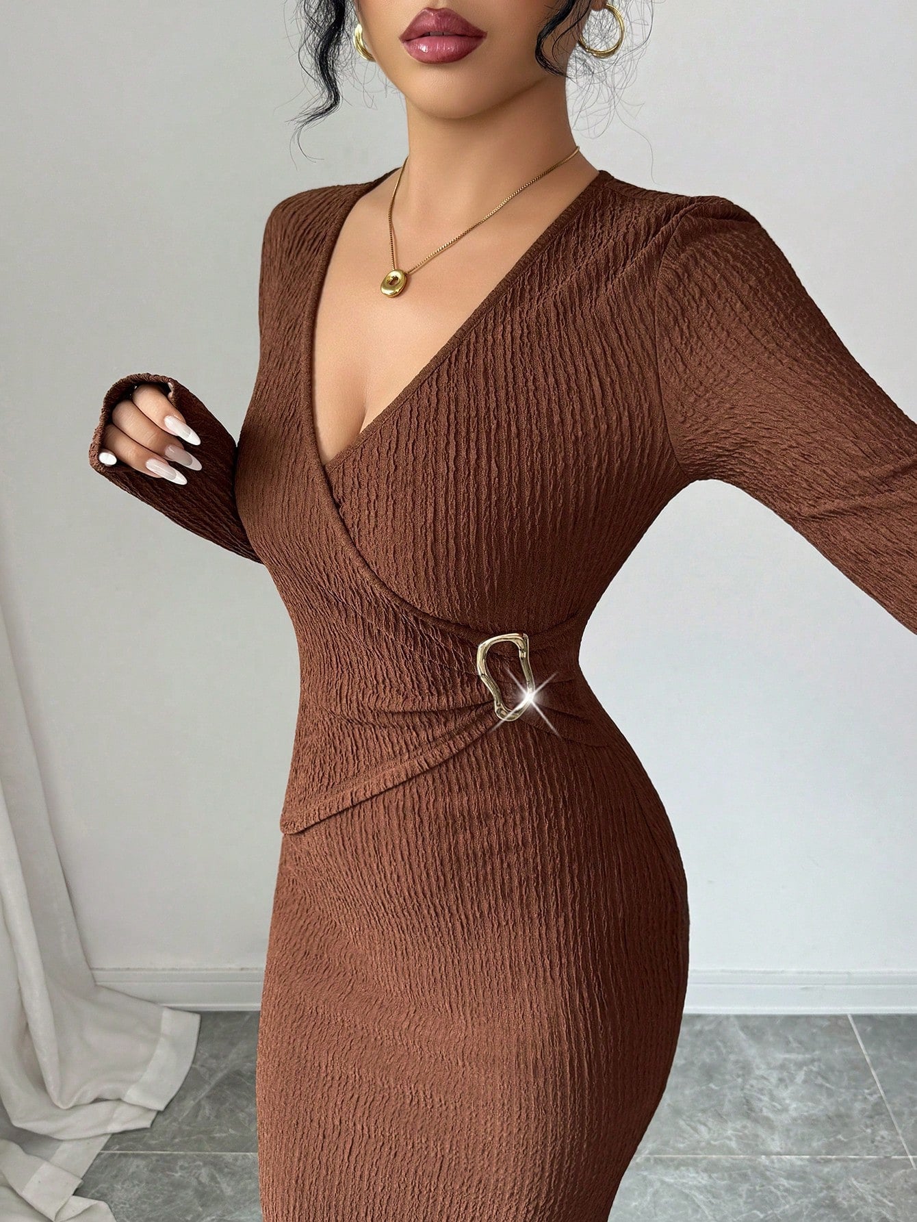 Women's Collar Knitted Texture Solid Color Slim Dresses
