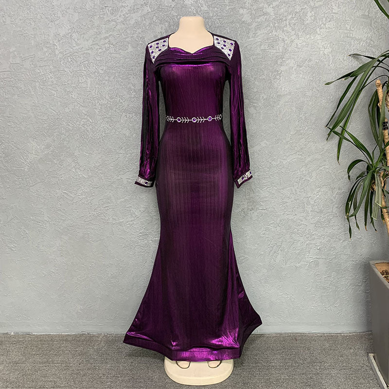 Women's Solid Color Rhinestone Long Sleeve Dress Dresses