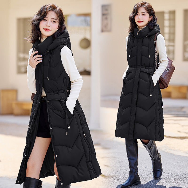 Women's Down Cotton Long Korean Thickened Hooded Vests