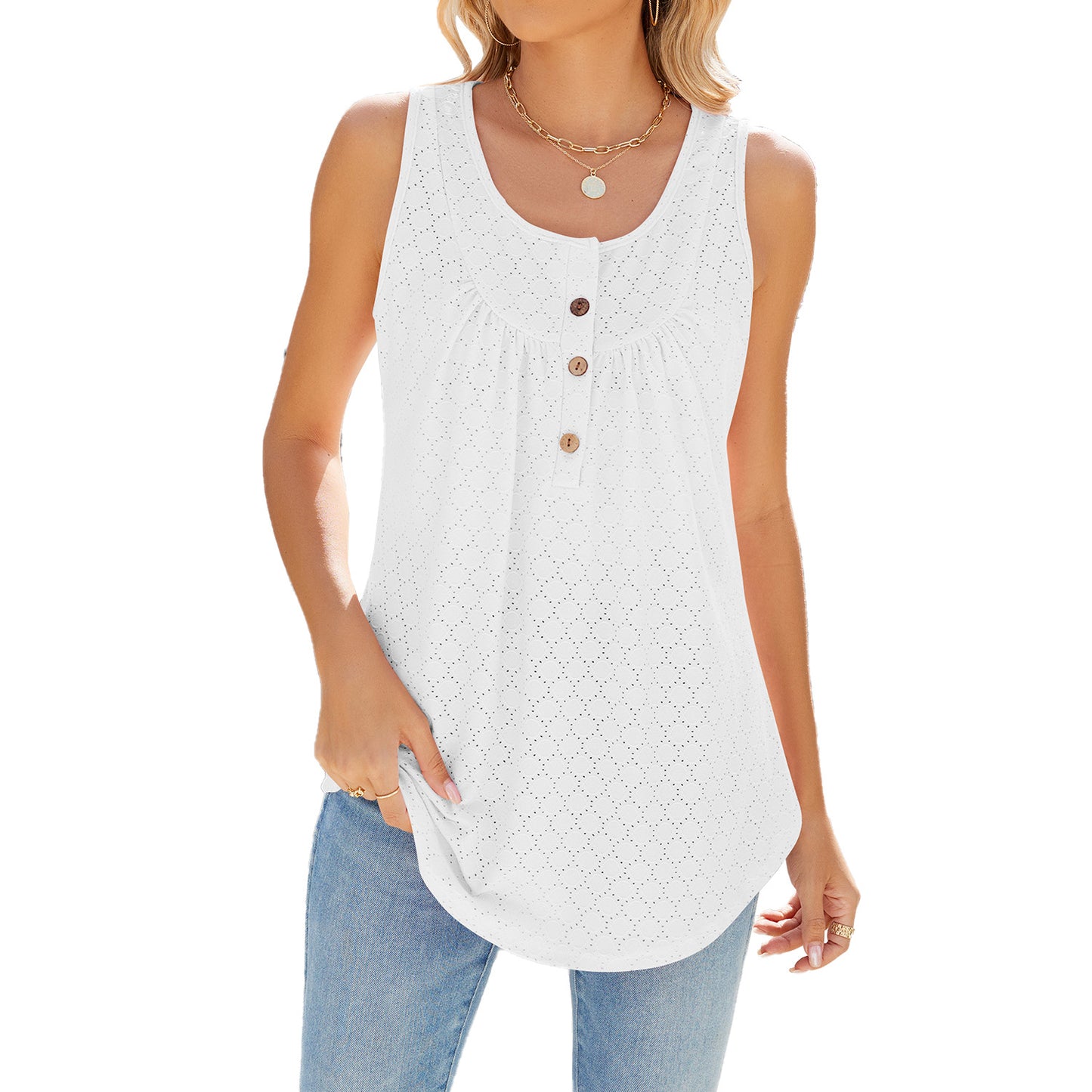 Summer Solid Color Round Neck Button Women's T-shirt