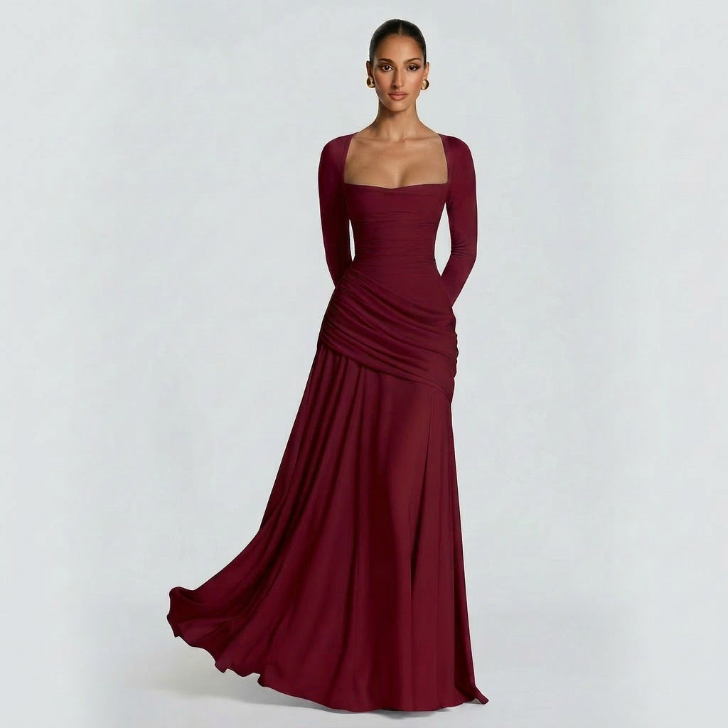 Women's Temperament Pure Color Square Collar Pleated Waist Tight Formal Dress
