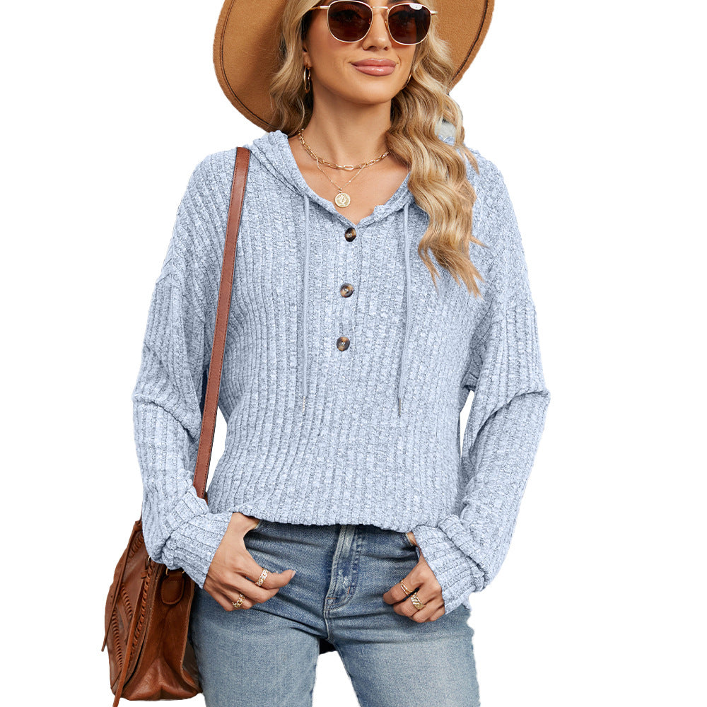 Women's Solid Color Hooded Button Loose Long Women's Sweater, Sweater