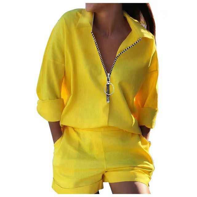 Women's Summer Long Sleeved Shirt Printed Zipper Fashion Casual Suit