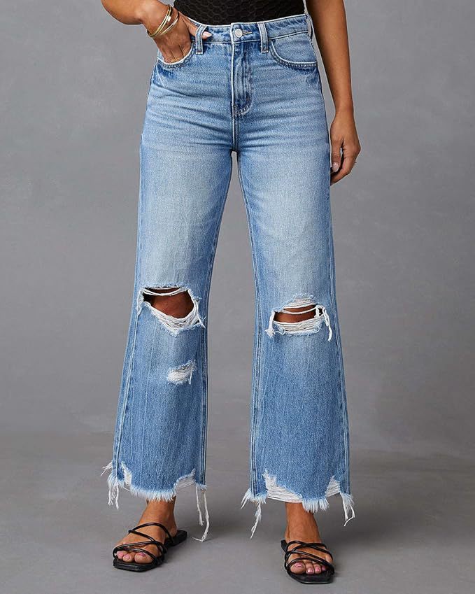Women's Ripped Tassel Personality Street High Waist Straight Casual Wide Leg Clothing
