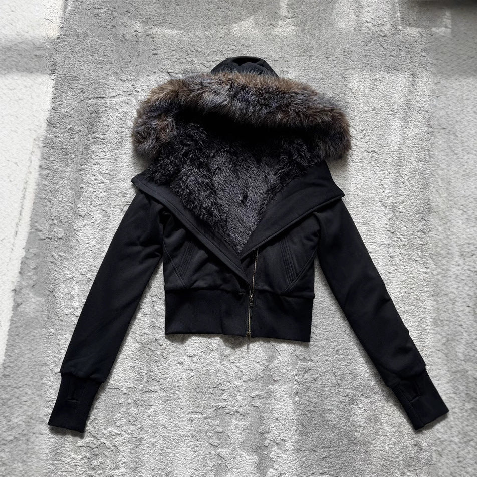 Women's Hooded Fur Collar Plush Liner Slimming Sweaters