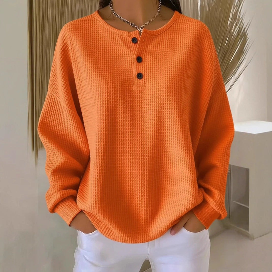 Round Neck Waffle Solid Color Pullover Women's Sweater, Sweater