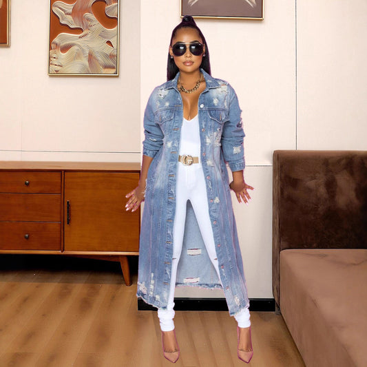 Women's Version Blue With Holes Washed Loose Jackets