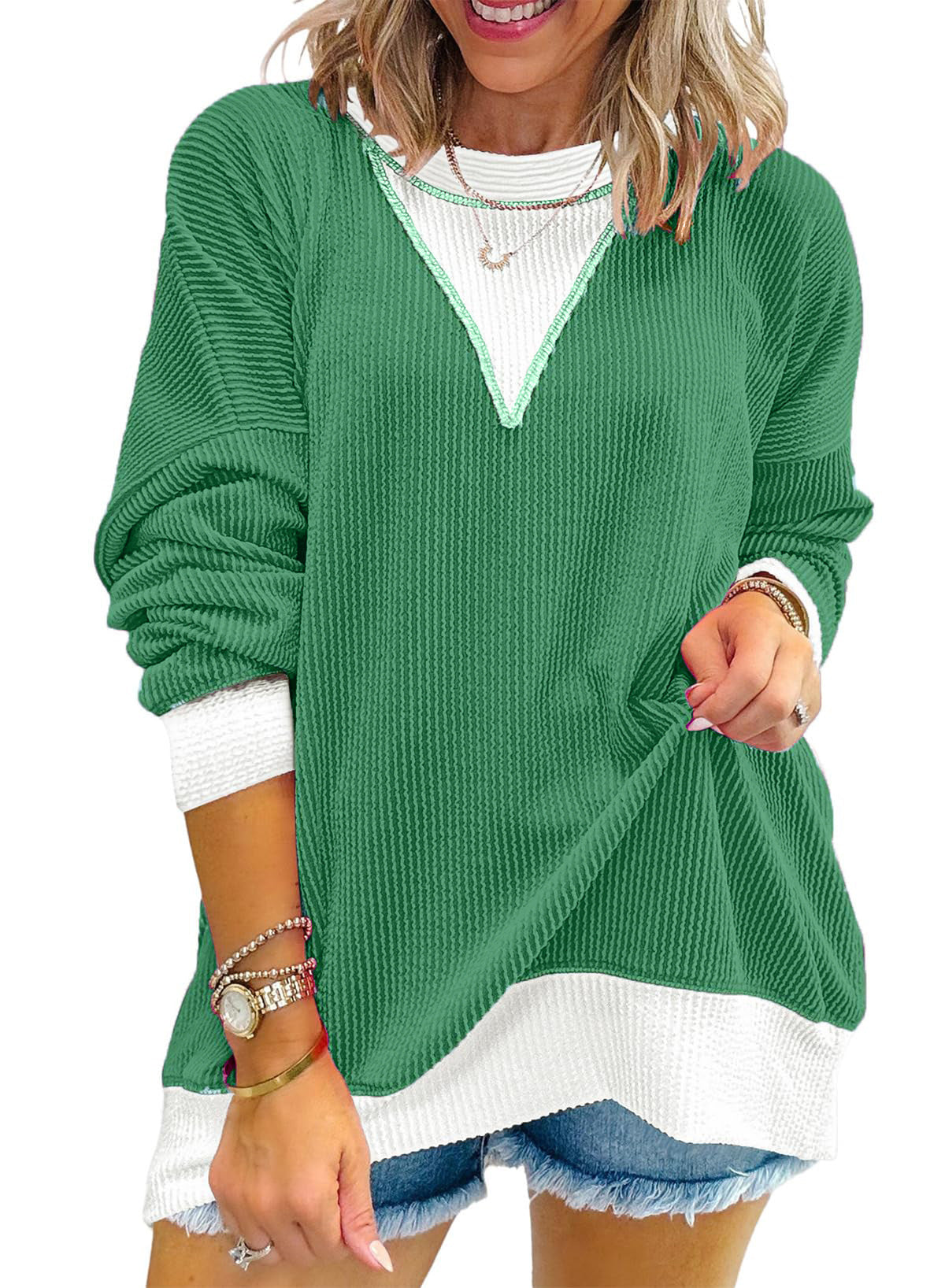 Women's Casual Loose Color Matching Round Neck Long Women's Sweater, Sweater