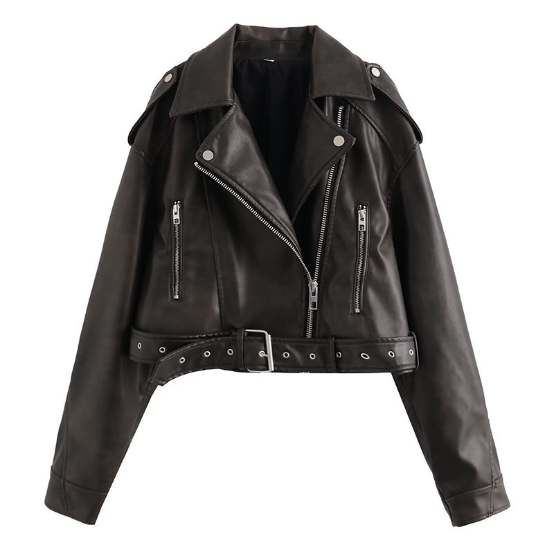 Women's Two-color Leather Distressed Lapel Baggy For Coats