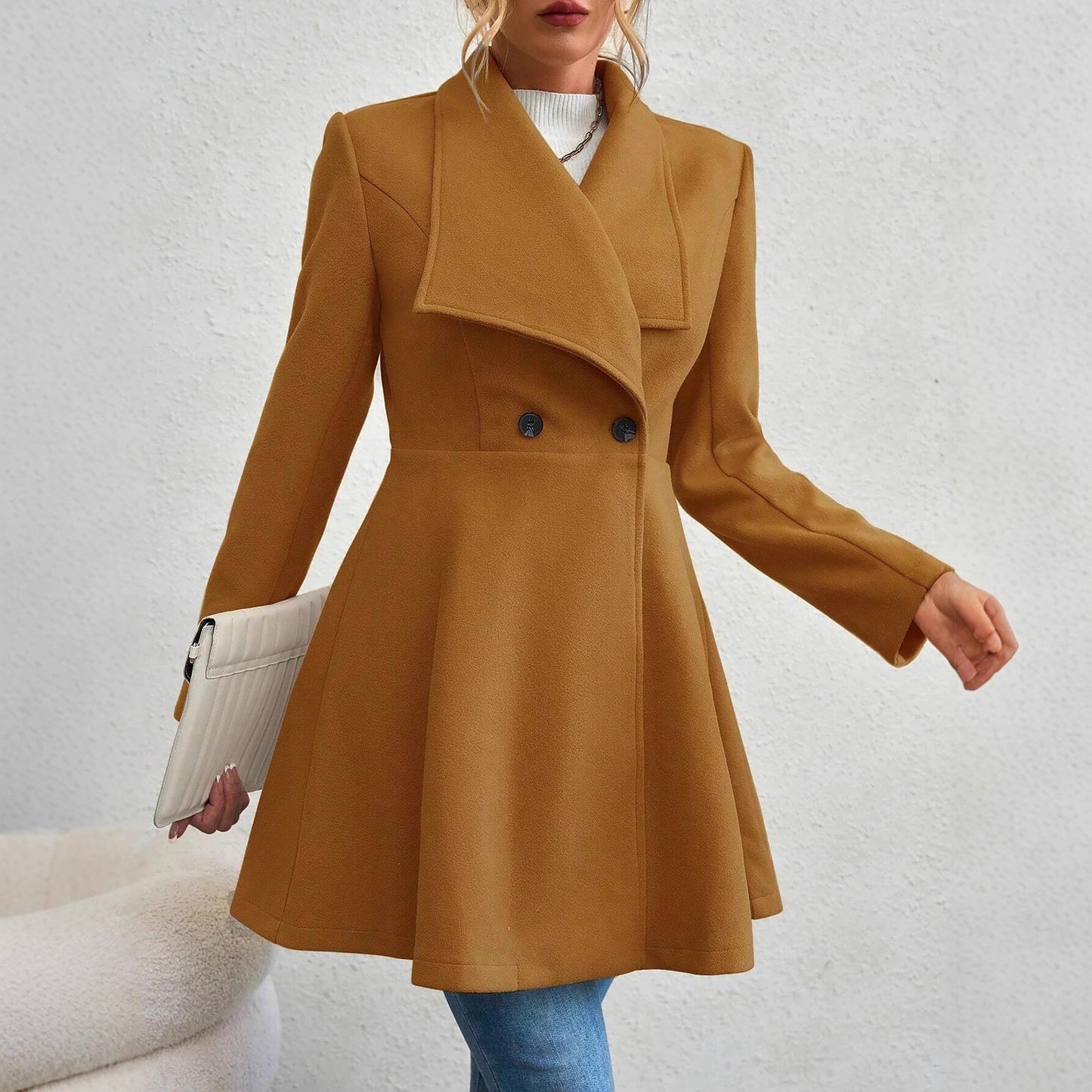Women's Woolen Solid Color Polo Collar Double-breasted Coats
