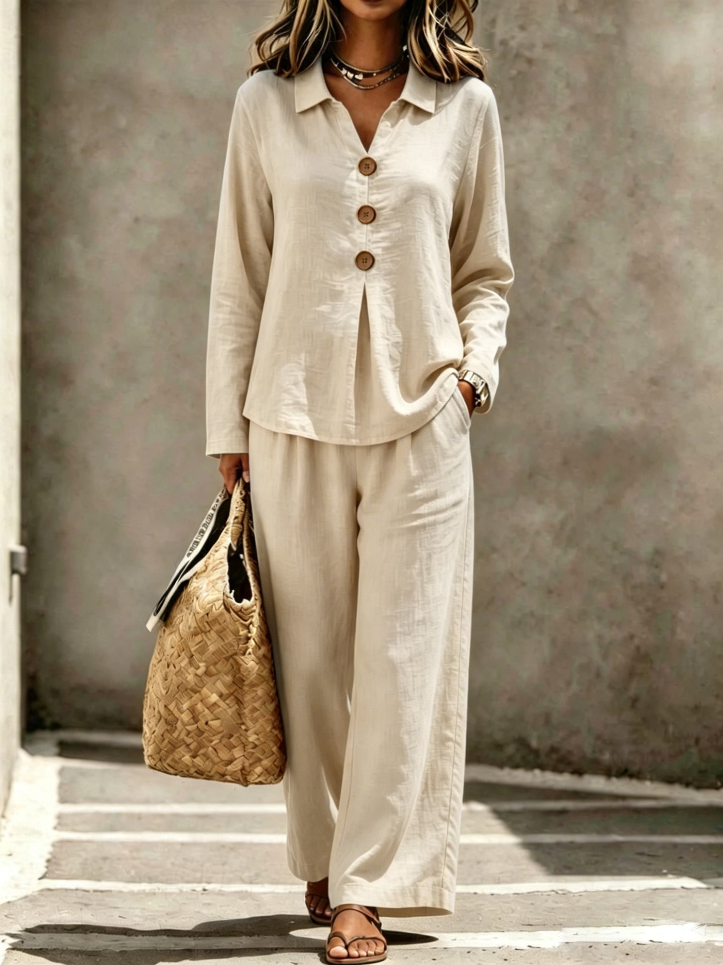 Lady Collar Decorated With Buttons Long-sleeved Trousers Suits
