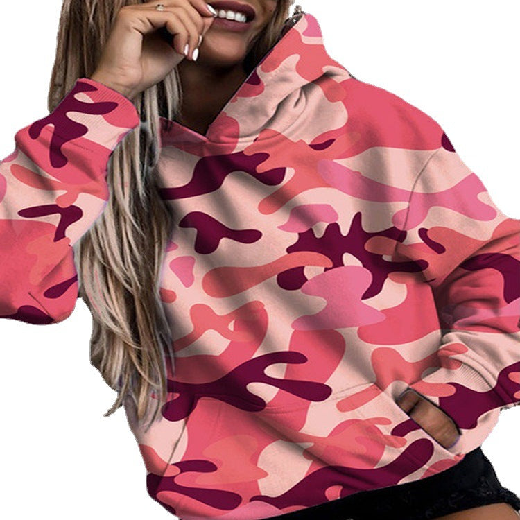 Women's Camouflage Printed Loose Long Sleeves Hooded Women's Sweater, Sweater