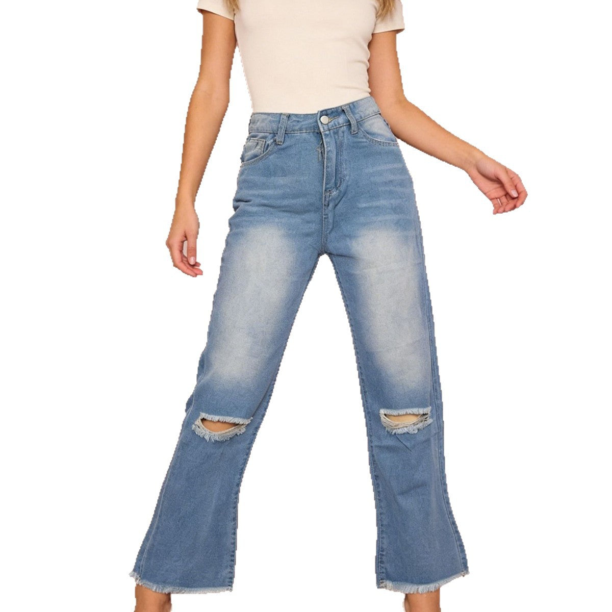 Women's Fashion Casual Loose Washed-out Straight Light Color Hole Women's Jeans