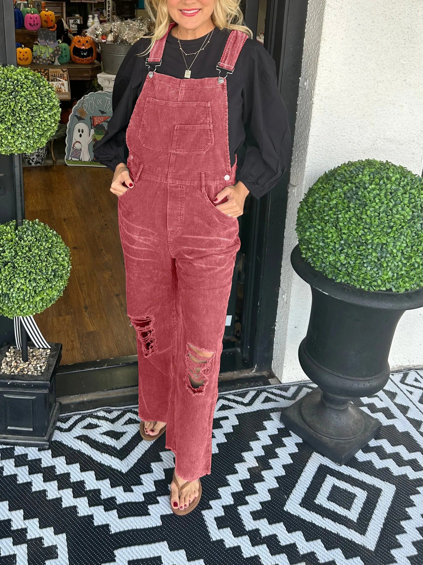 Women's Versatile Corduroy Button Pocket Ripped Suits