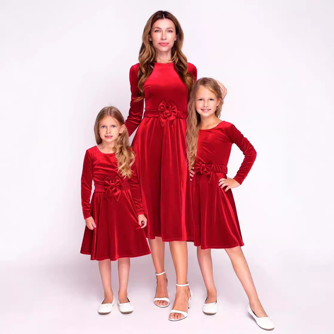 Women's Christmas Round Neck Long Sleeve Bowknot Dresses