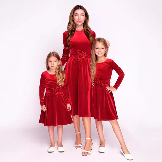 Women's Christmas Round Neck Long Sleeve Bowknot Dresses