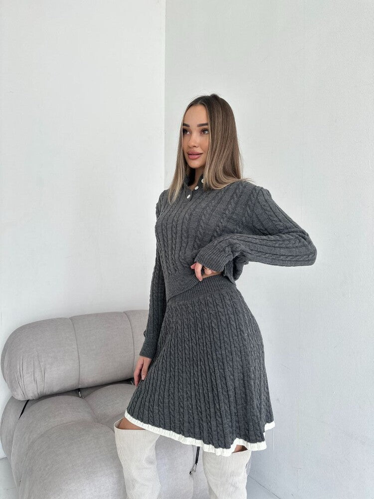 Women's Long Sleeve Knitted Button Dress Two-piece Fashion Casual Suit