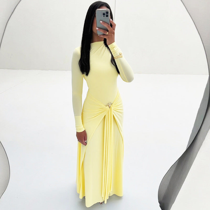 Pure Color Round Neck Long Sleeve Decoration Buckle Dress