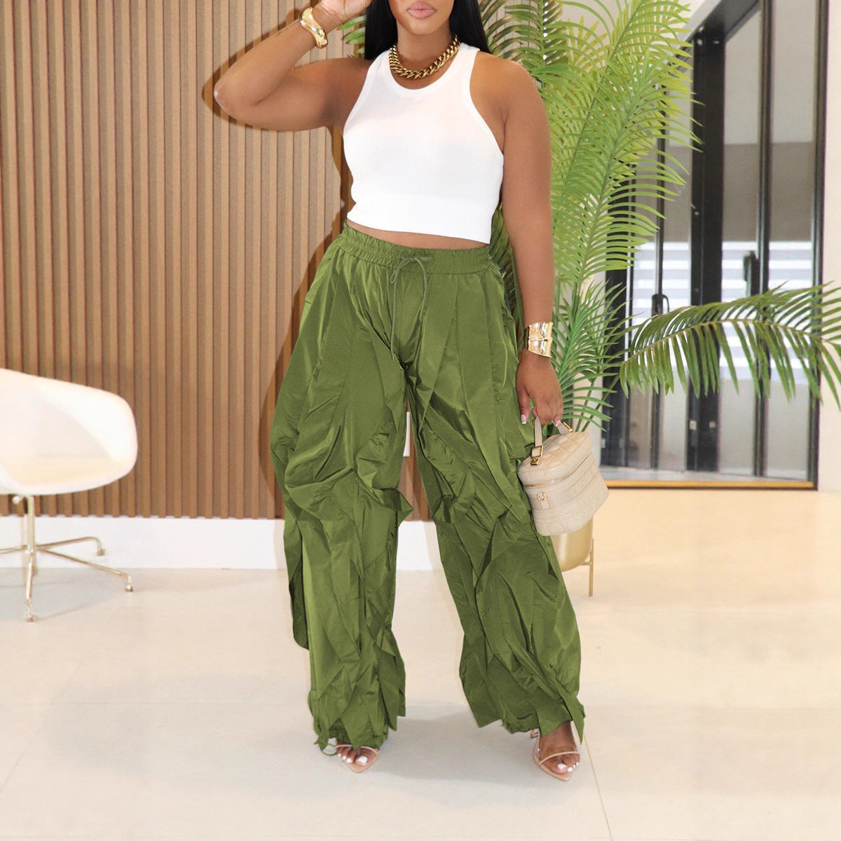 Women's Clothes Casual Wide Leg Stitching Lace Pants