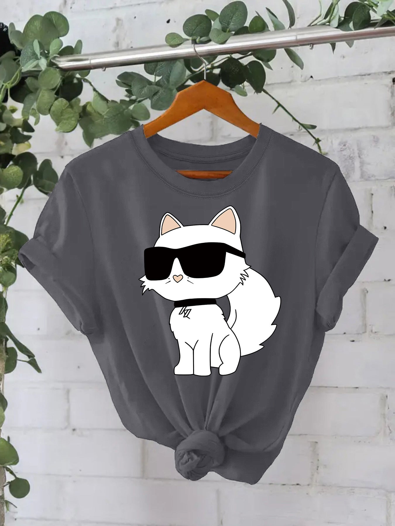 Casual Sleeve Female White Sunglasses Cat Summer Round Neck Women's T-shirt