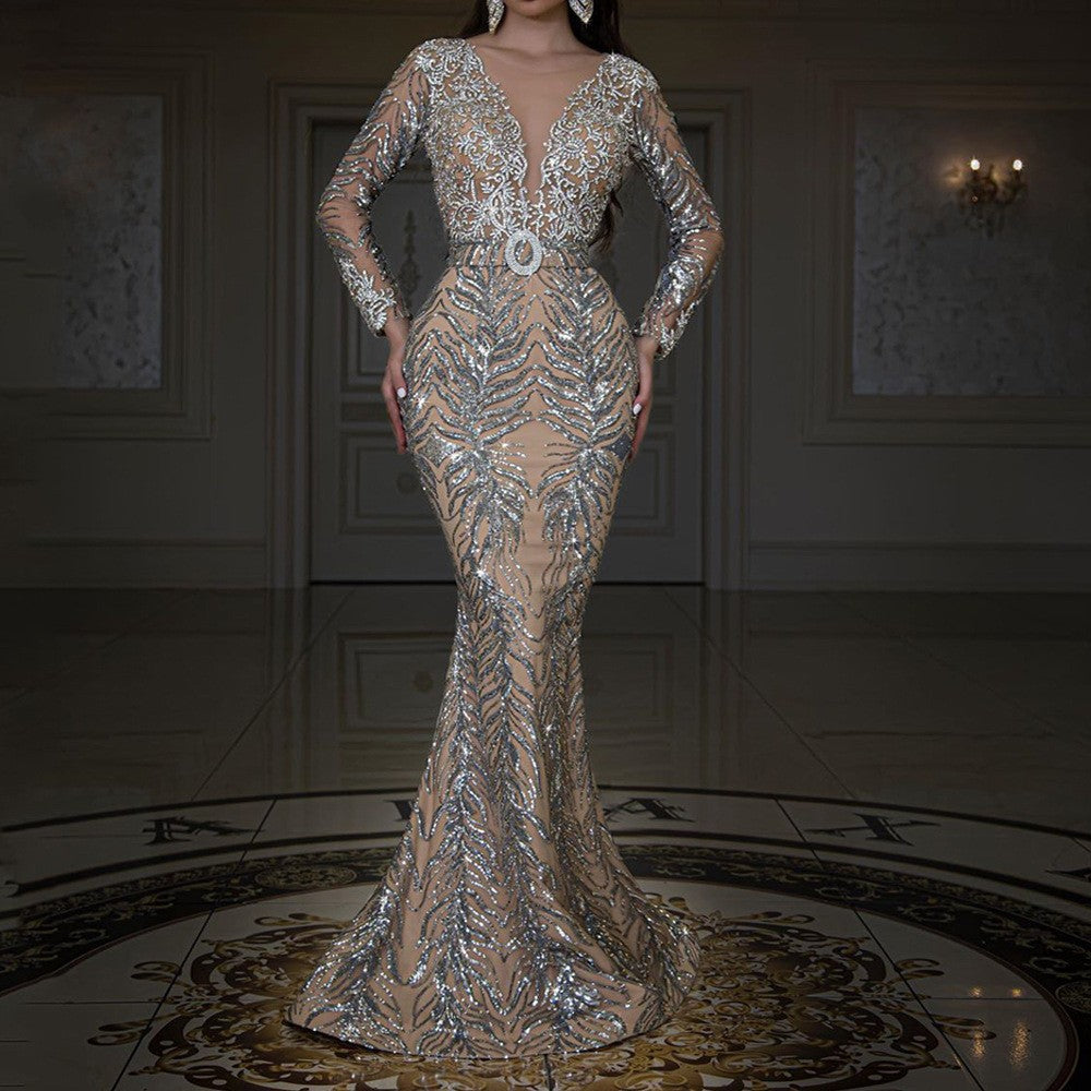 Women's Bronzing Long-sleeved Slim Sexy Fishtail Mopping Wedding Dresses