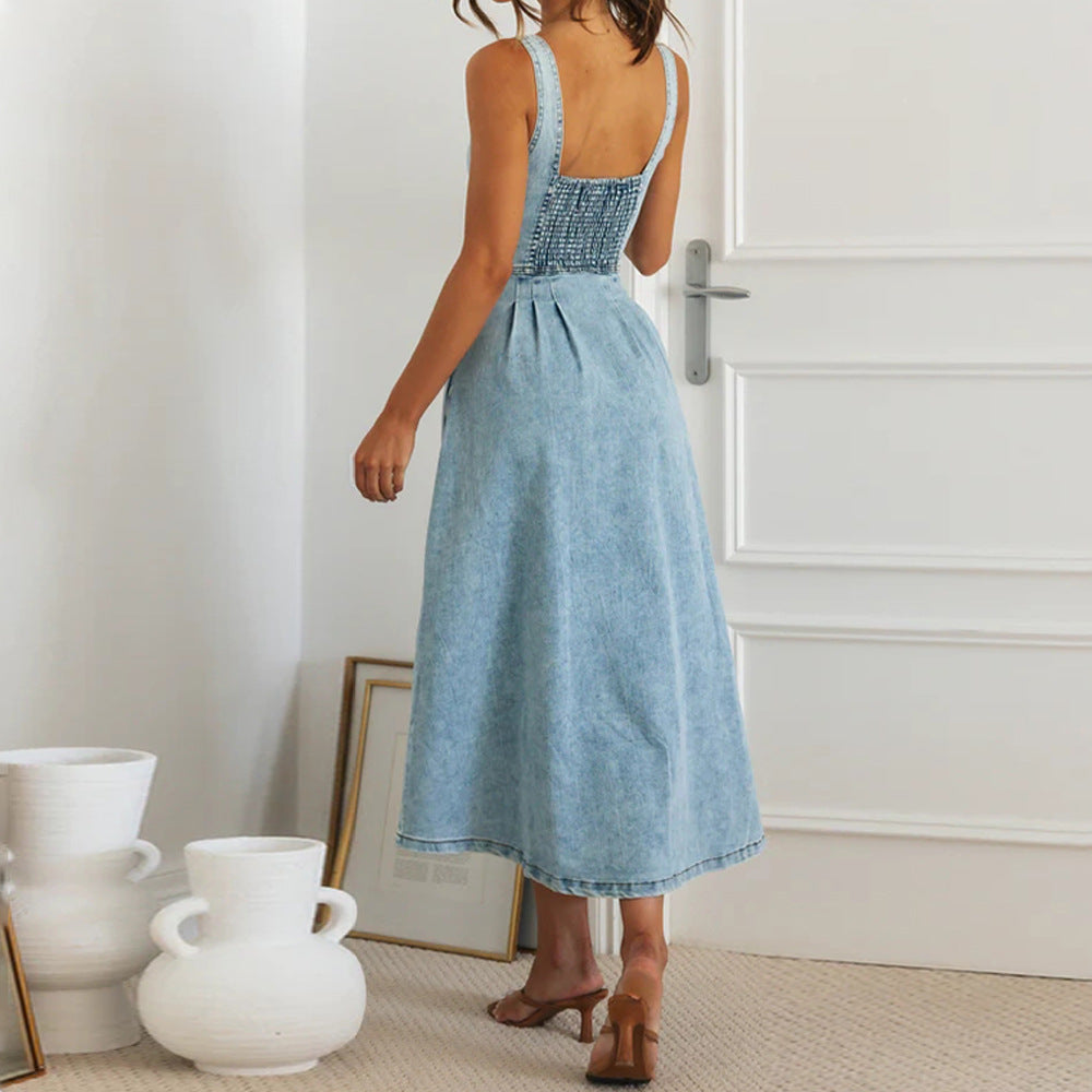 Distressed Casual Style Button Denim Long Dresses